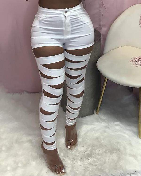 CUTOUT SINGLE BUTTON HIGH WAISTED SKINNY PANTS