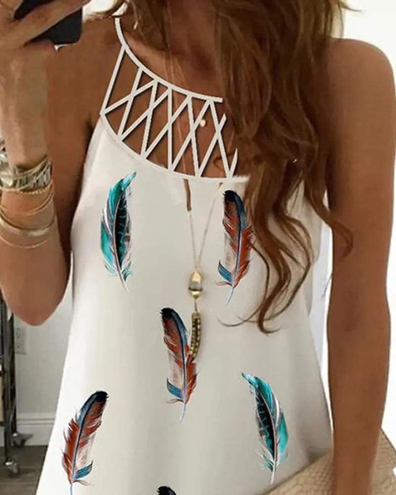 FEATHER PRINT NET PATTERN PATCH HALTER DRESS