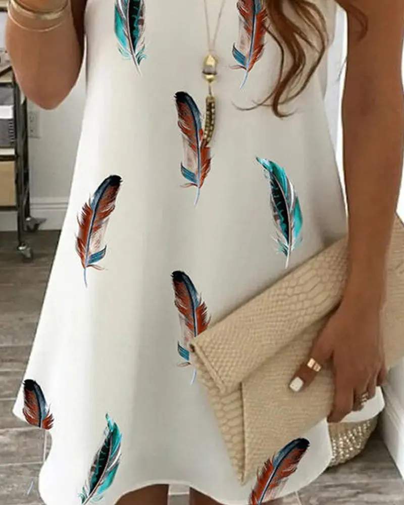 FEATHER PRINT NET PATTERN PATCH HALTER DRESS