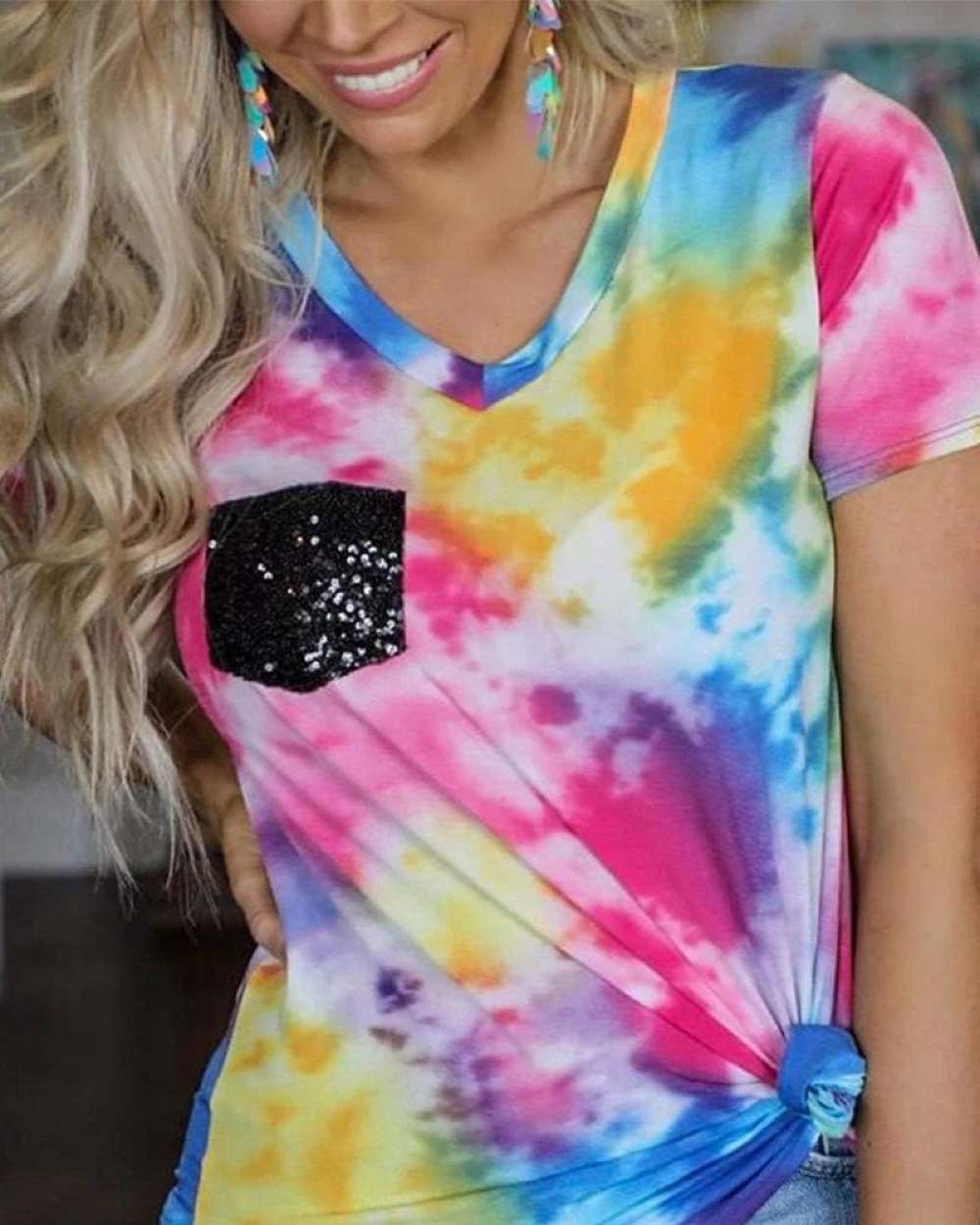 Black Sequins Pocket Design Tie-Dye T-shirt