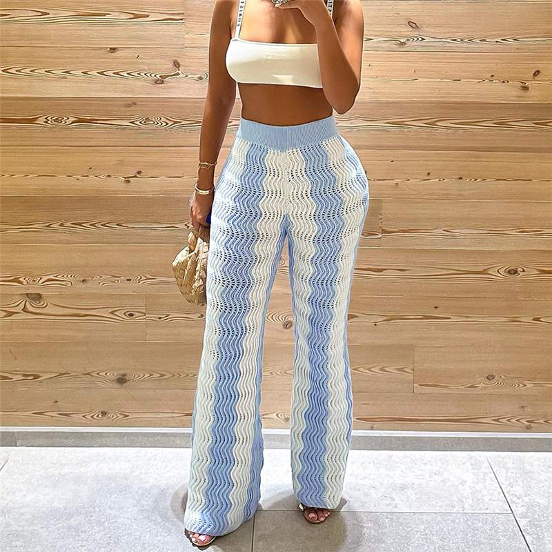 WAVE PATTERN COLOR MATCHING KNITTED HIGH WAIST WIDE LEG CASUAL PANTS