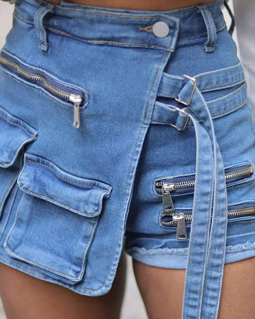 MULTI POCKET ZIPPER DESIGN WRAP FRONT ASYMMETRICAL HEM DENIM SHORTS