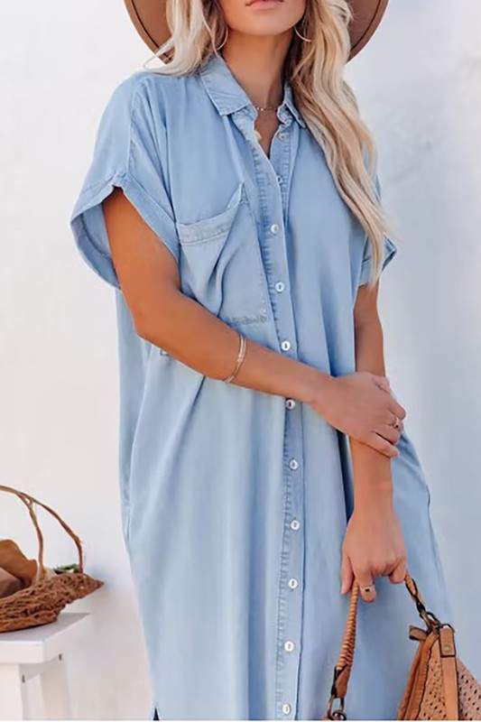 DENIM BUTTON DOWN MIDI DRESS