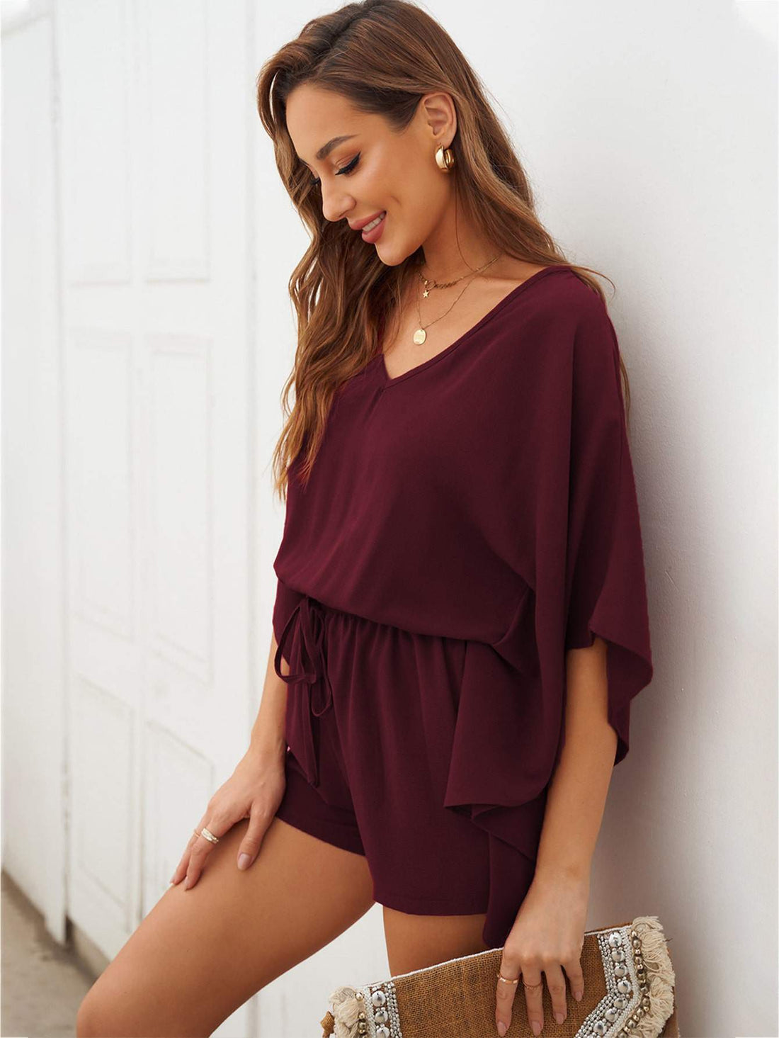 BATWING SLEEVE DRAWSTRING WAIST ROMPER