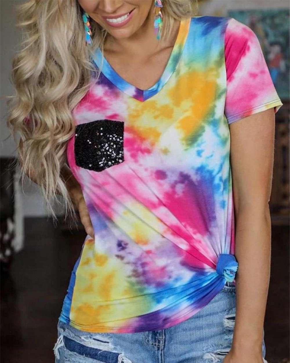 Black Sequins Pocket Design Tie-Dye T-shirt