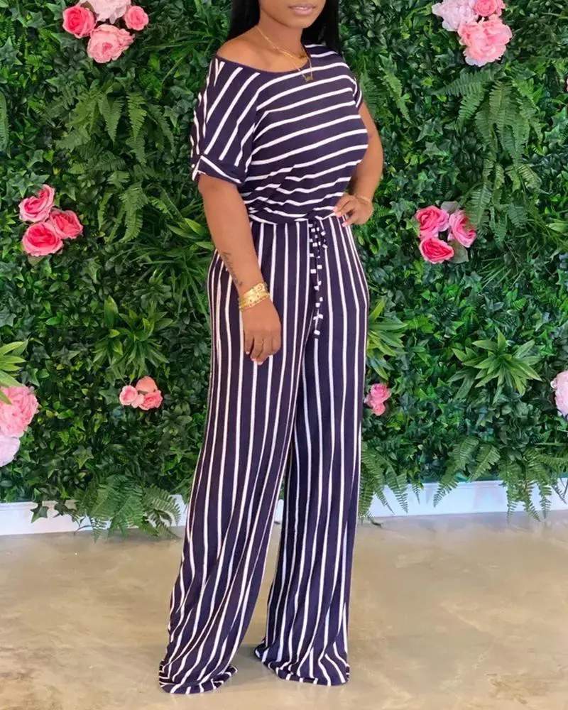 STRIPED PRINT POCKET DETAIL DRAWSTRING JUMPSUIT