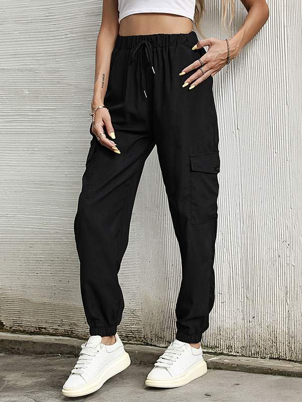 WOMEN LONG SWEATPANTS BLACK POLYESTER RAISED WAIST THIN TROUSERS