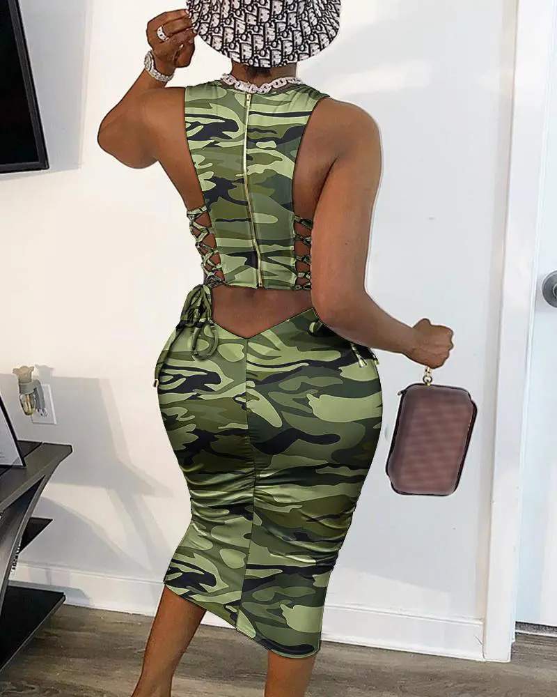 CAMO PRINT LACE UP CUTOUT BACK BODYCON DRESS