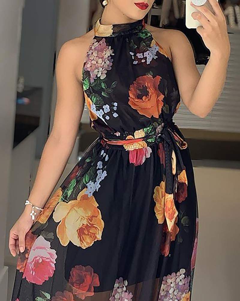 Floral Print Round Neck Maxi Dress