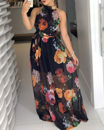 Floral Print Round Neck Maxi Dress