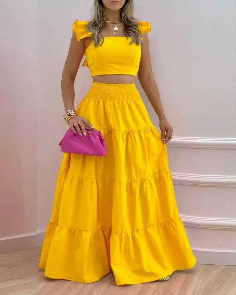 SHIRRED BACK CROP TOP MAXI SKIRT SET