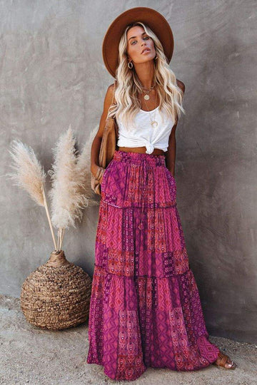 PURPLE TIERED PAISLEY PRINT POCKETED MAXI SKIRT