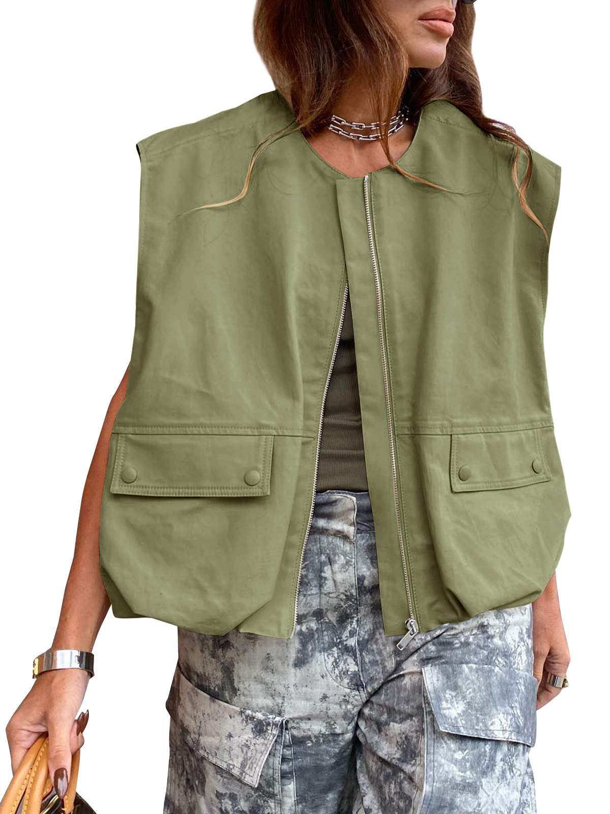 SLEEVELESS POCKET LOOSE VEST ZIPPER COAT