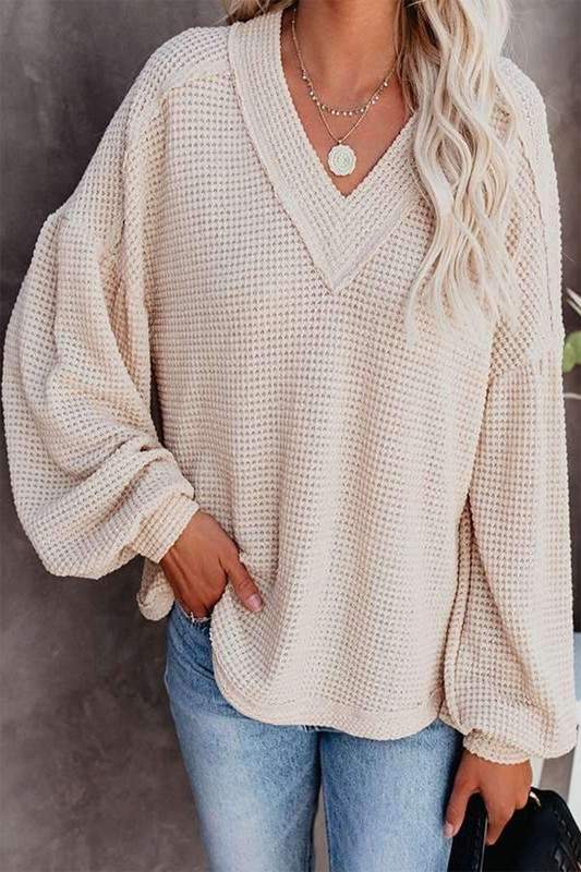 WAFFLE V NECK LONG SLEEVE CASUAL TOP