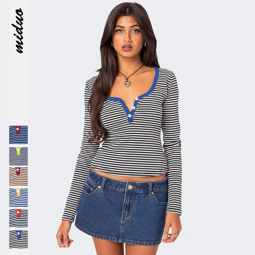 STRIPED SWEATER TOP BUTTON SLIM SHOULDER T SHIRT