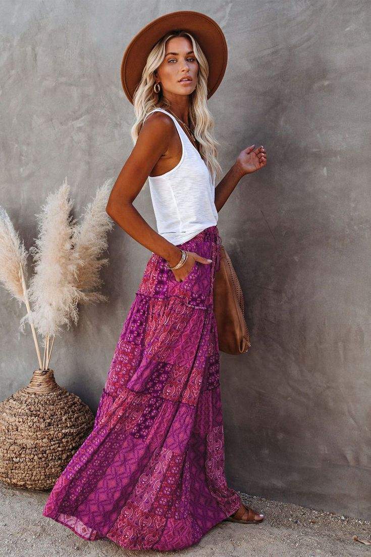 PURPLE TIERED PAISLEY PRINT POCKETED MAXI SKIRT