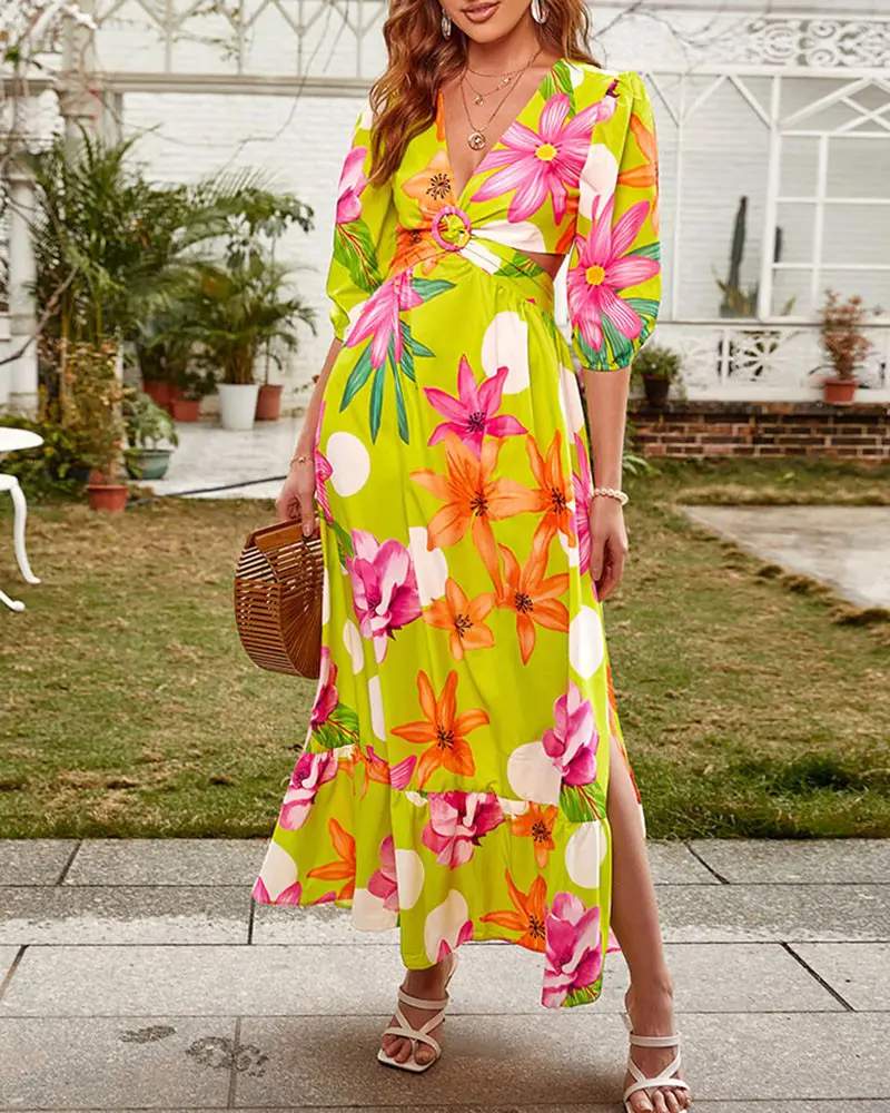 FLORAL PRINT O RING TWIST CUTOUT SPLIT THIGH MAXI DRESS