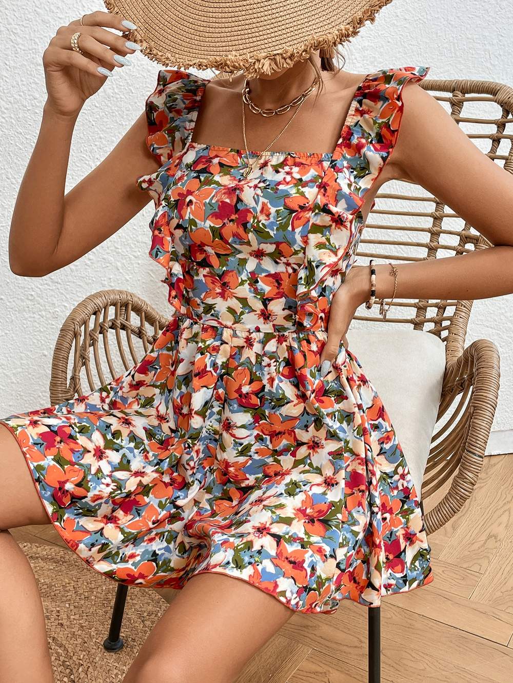 FRENCHY ALLOVER FLORAL PRINT RUFFLE TRIM TIE BACK ROMPER