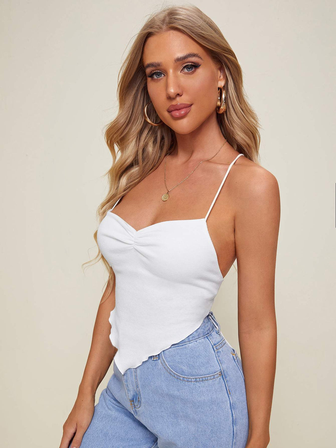 CRISS CROSS TIED BACKLESS ASYMMETRICAL HEM CAMI TOP