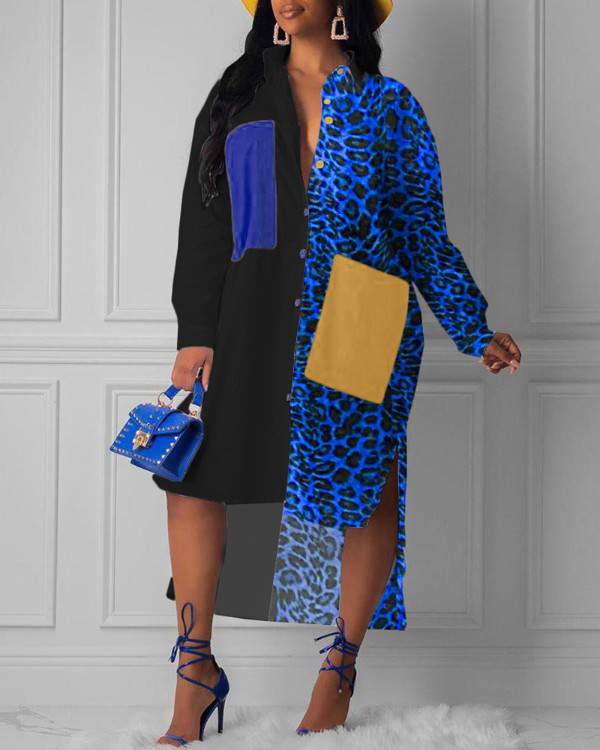 Cheetah Print Colorblock Dip Hem Shirt Dress