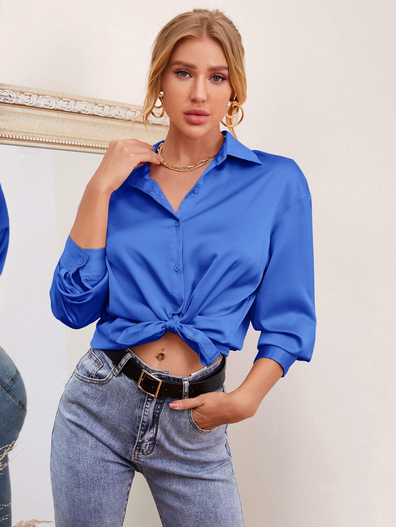 DROP SHOULDER BUTTON FRONT SATIN BLOUSE