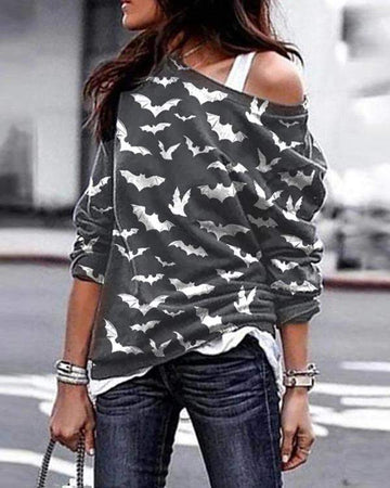 One Shoulder Halloween Bat Print Cozy Sweatshirt