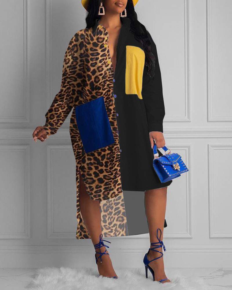 Cheetah Print Colorblock Dip Hem Shirt Dress