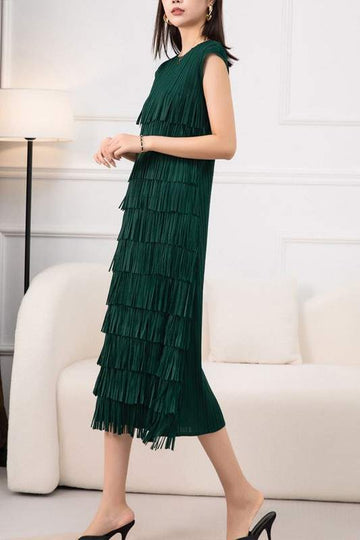 SLEEVELESS FRINGES MIDI DRESS