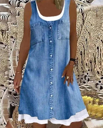 DENIM LOOK PRINT BUTTONED CASUAL DRESS