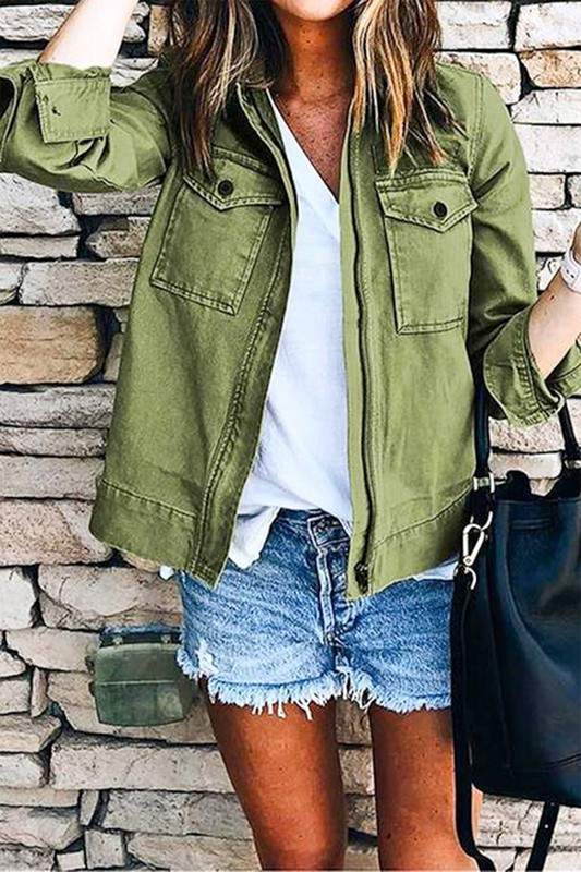 SOLID OLIVE DOUBLE POCKET LONG SLEEVE JACKET