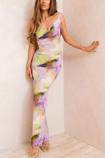 PRINTED V NECK MAXI DRESS