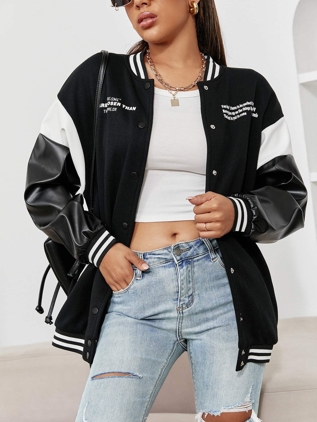 SLOGAN GRAPHIC CONTRAST PANEL DROP SHOULDER BOMBER JACKET