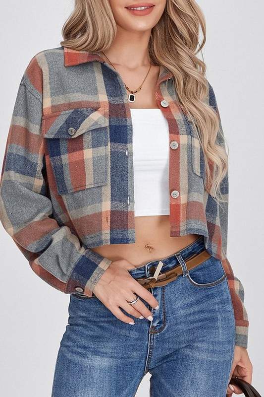 CROPPED PLAID BUTTON UP JACKET