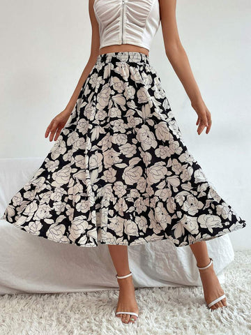 WOMEN SKIRT BLACK FLORAL PRINT POLYESTER MIDCALF LENGTH RAISED WAIST LAYERED MAXI AUTUMN AND WINTER WOMEN BOTTOMS