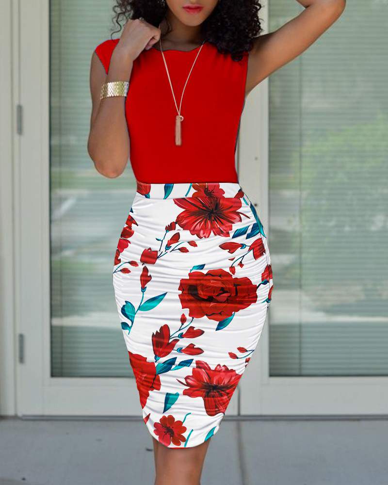 Sleeveless Top Floral Ruched Midi Skirt Set