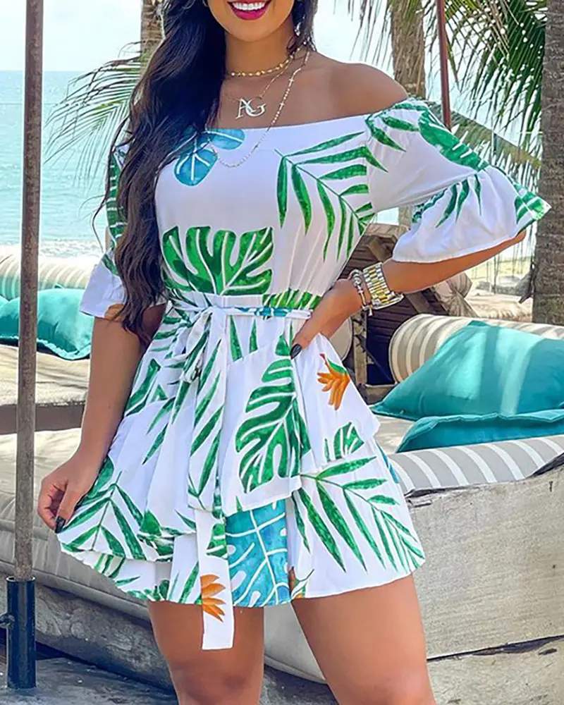 OFF SHOULDER PALM LEAF PRINT CASUAL DRESS