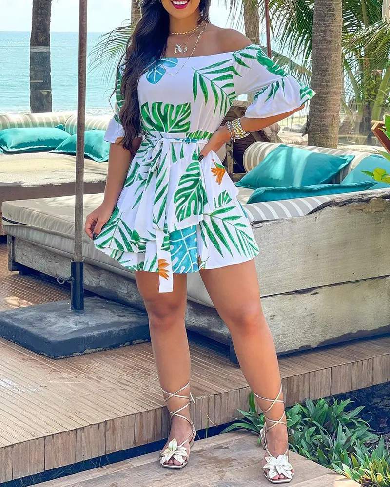 OFF SHOULDER PALM LEAF PRINT CASUAL DRESS