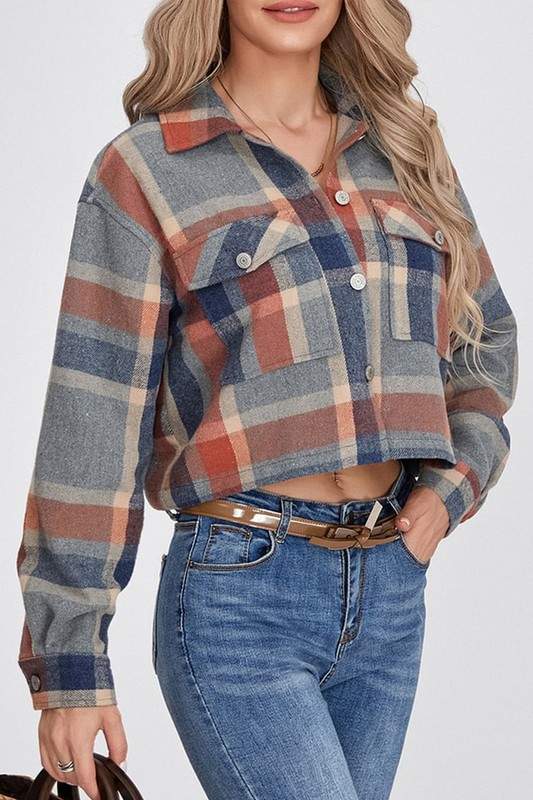 CROPPED PLAID BUTTON UP JACKET