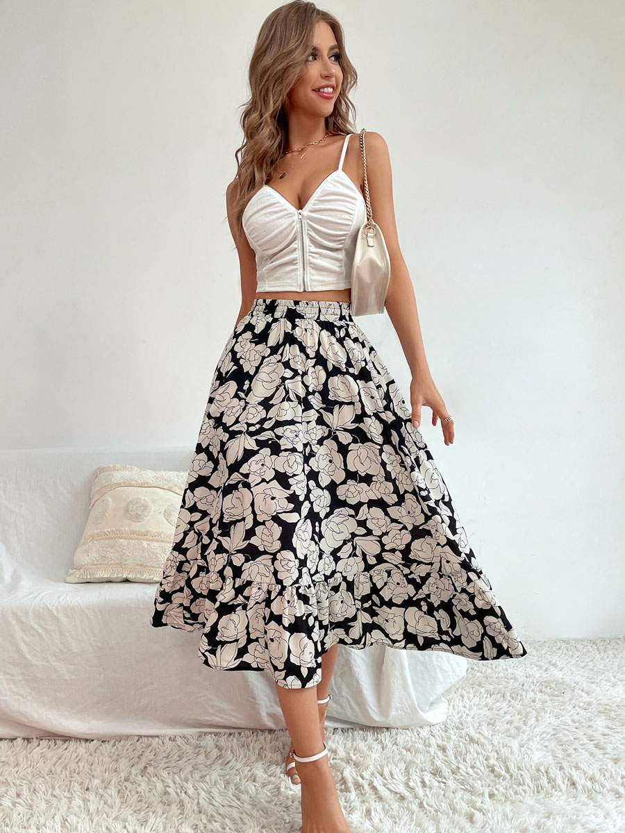 WOMEN SKIRT BLACK FLORAL PRINT POLYESTER MIDCALF LENGTH RAISED WAIST LAYERED MAXI AUTUMN AND WINTER WOMEN BOTTOMS