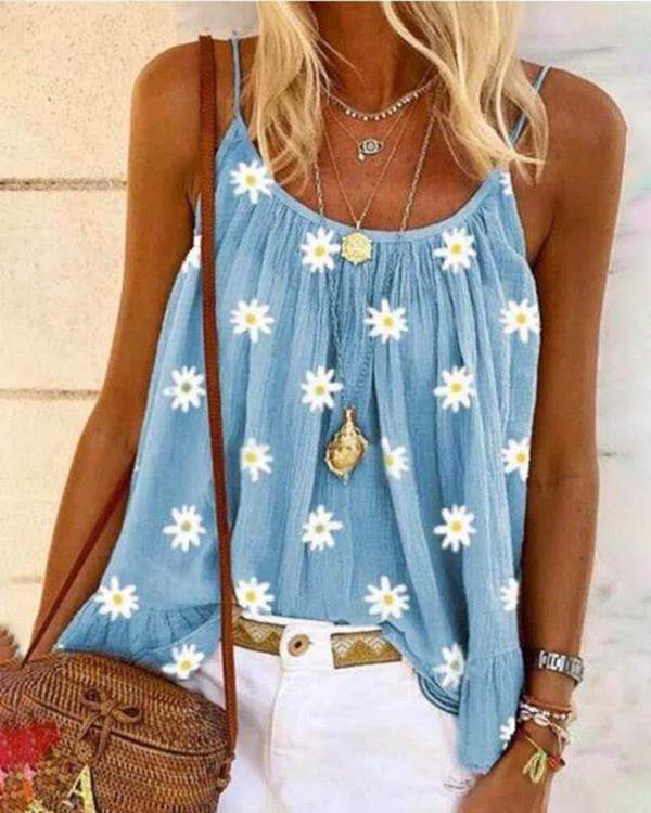 Daisy Print Uneck Casual Tank Top