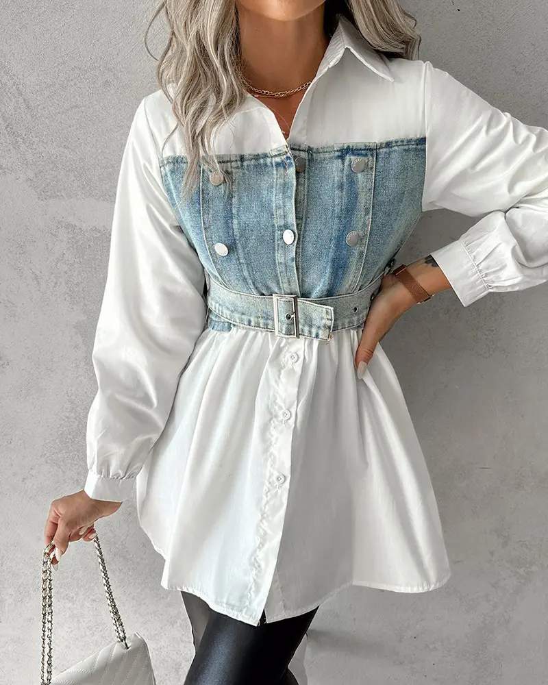 DENIM PATCHWORK BELTED BUTTONED SHIRT