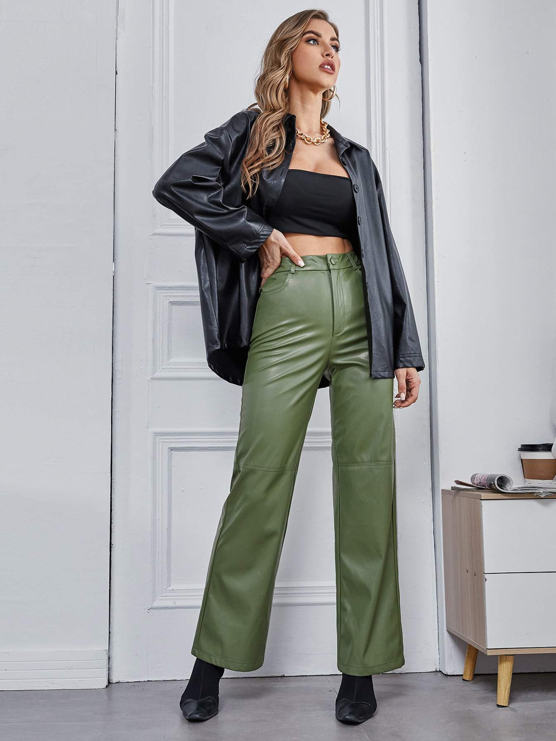 ZIPPER FLY PALAZZO PU PANTS