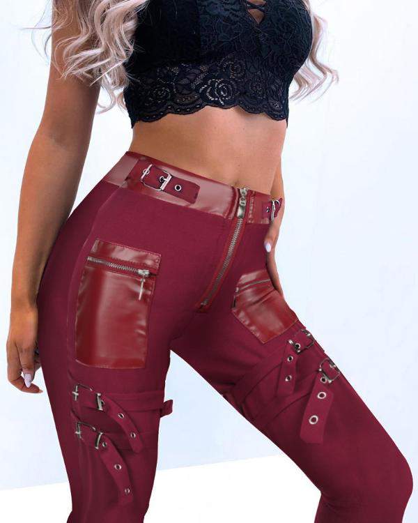 EYELET BUCKLED HIGH WAIST ZIPPER DESIGN PANTS