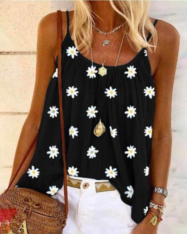 Daisy Print Uneck Casual Tank Top