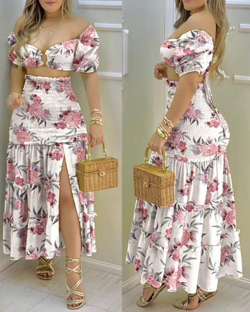 ORing Crop Top Frill Hem Shirred Slit Maxi Skirt Set