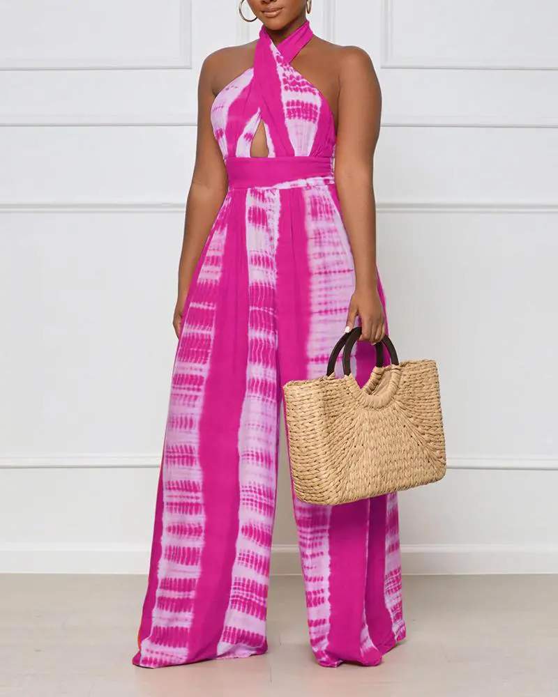 TIE DYE PRINT HALTER BACKLESS HIGH WAIST WIDE LEG JUMPSUIT