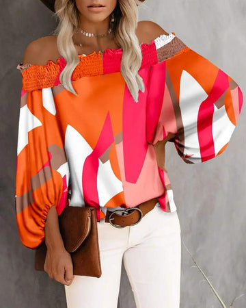 COLORBLOCK SHIRRED OFF SHOULDER LANTERN SLEEVE TOP