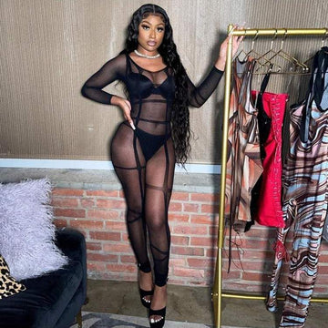 SEXY MESH SEE THROUGH BLACK TIGHT JUMPSUIT