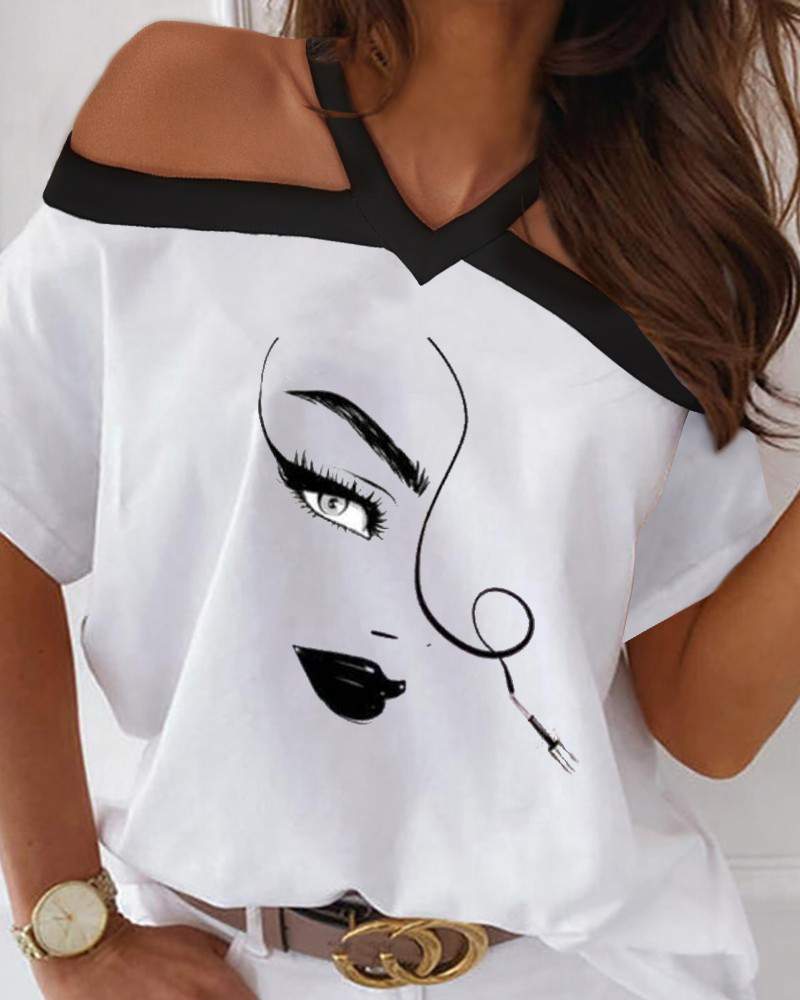 Vneck Halter Cutout Figure Print Tshirt