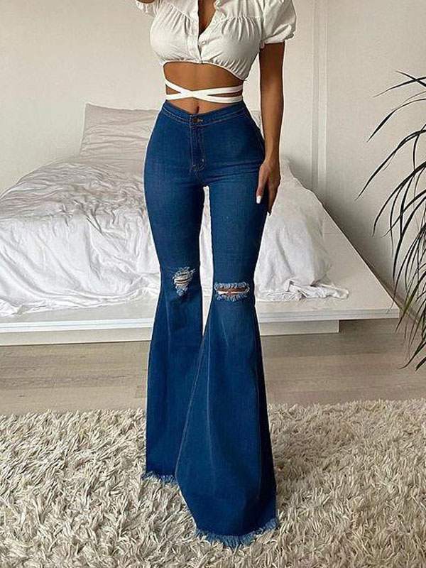 JEANS FOR WOMAN BLUE CASUAL FRINGE RAISED WAIST STRETCH DENIM FLARED DENIM